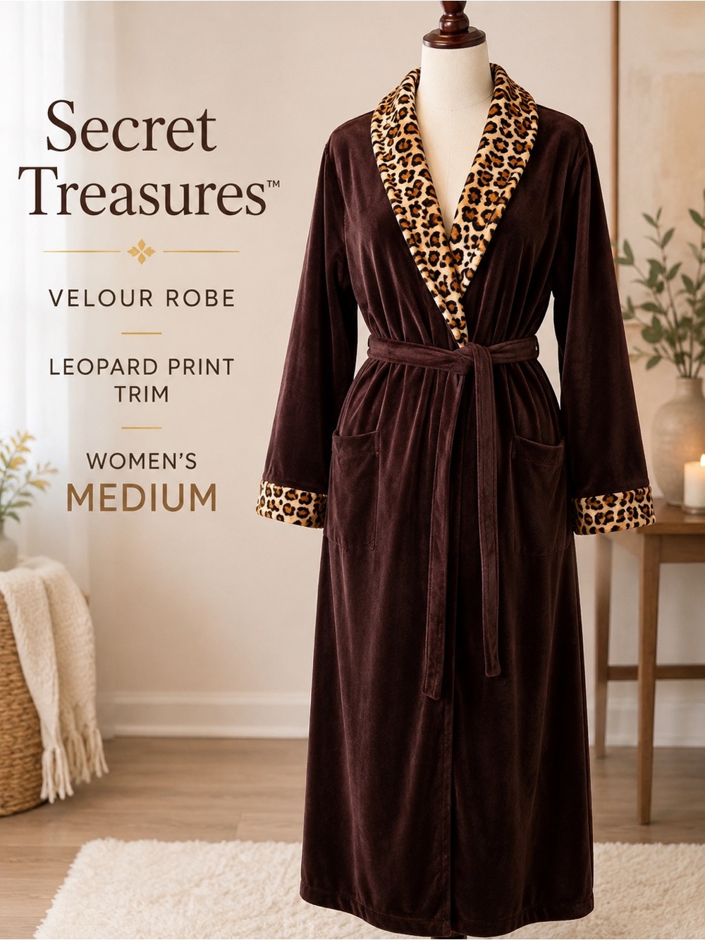 Secret Treasures Brown Plush Robe Leopard Trim Belted Pockets Medium